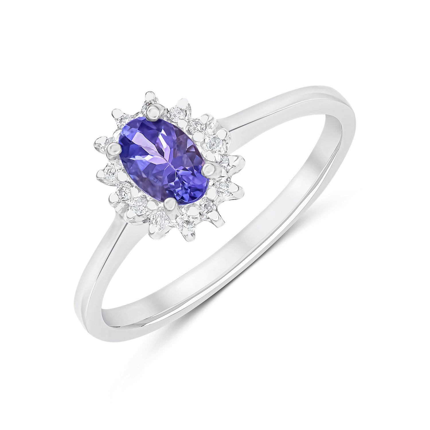 9ct White Gold Oval Tanzanite & Diamond Claw Set Cluster Ring — 6x4mm