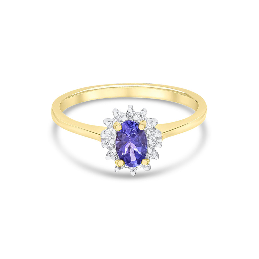 9ct Yellow Gold Oval Natural Tanzanite and Diamond Claw Set Cluster Ring — 6x4mm