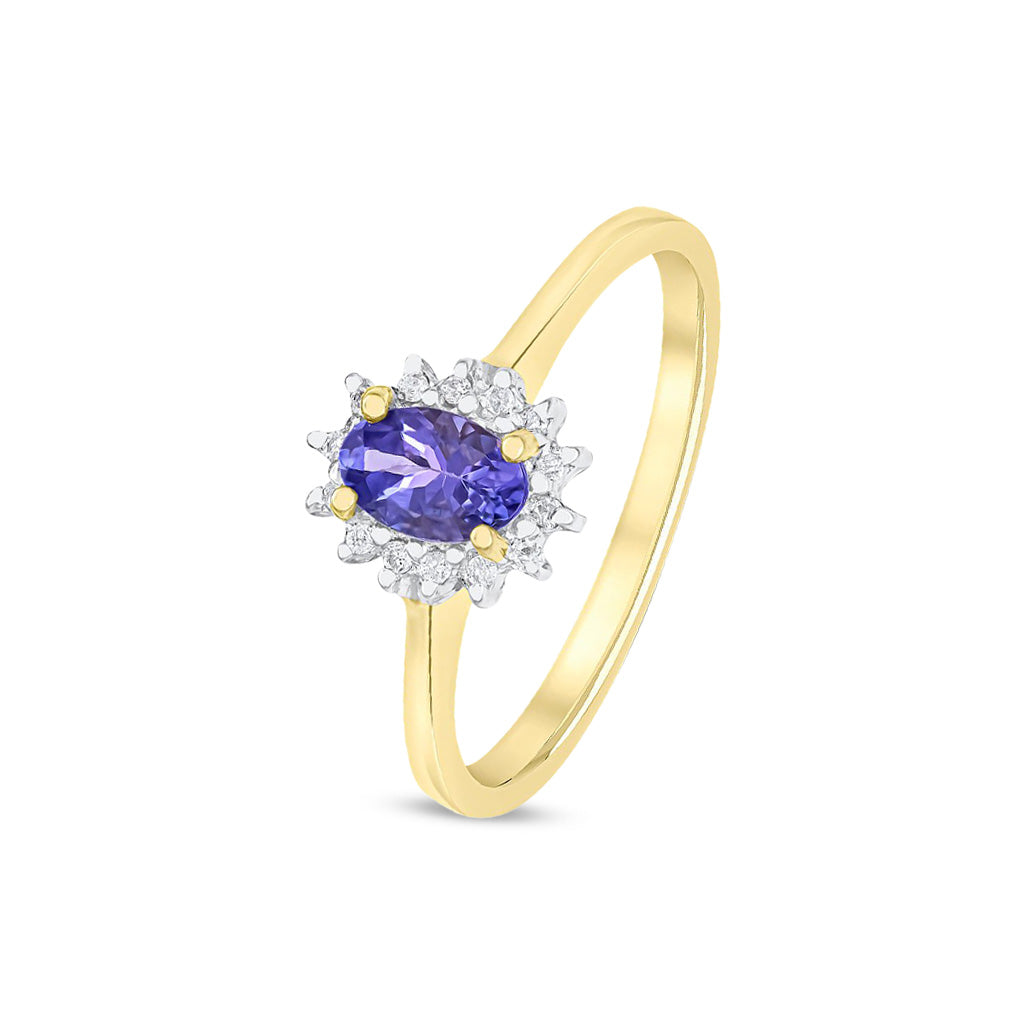 9ct Yellow Gold Oval Natural Tanzanite and Diamond Claw Set Cluster Ring — 6x4mm