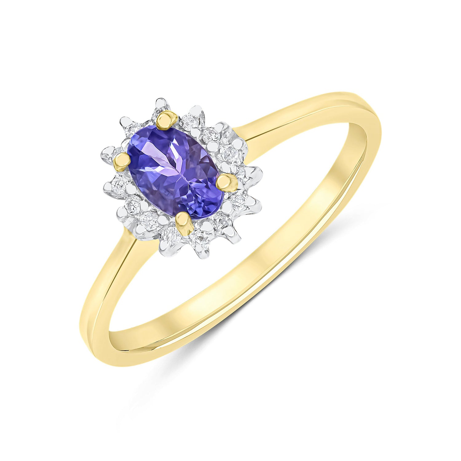 9ct Yellow Gold Oval Tanzanite & Diamond Claw Set Cluster Ring — 6x4mm