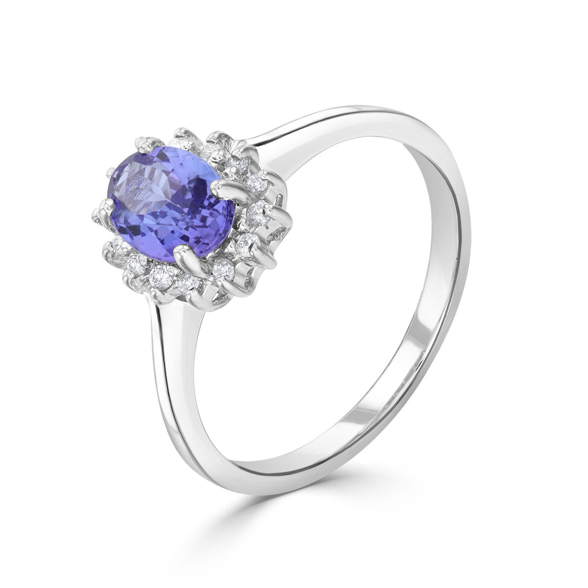 9ct White Gold Oval Natural Tanzanite and Diamond Claw Set Cluster Ring — 7x5mm