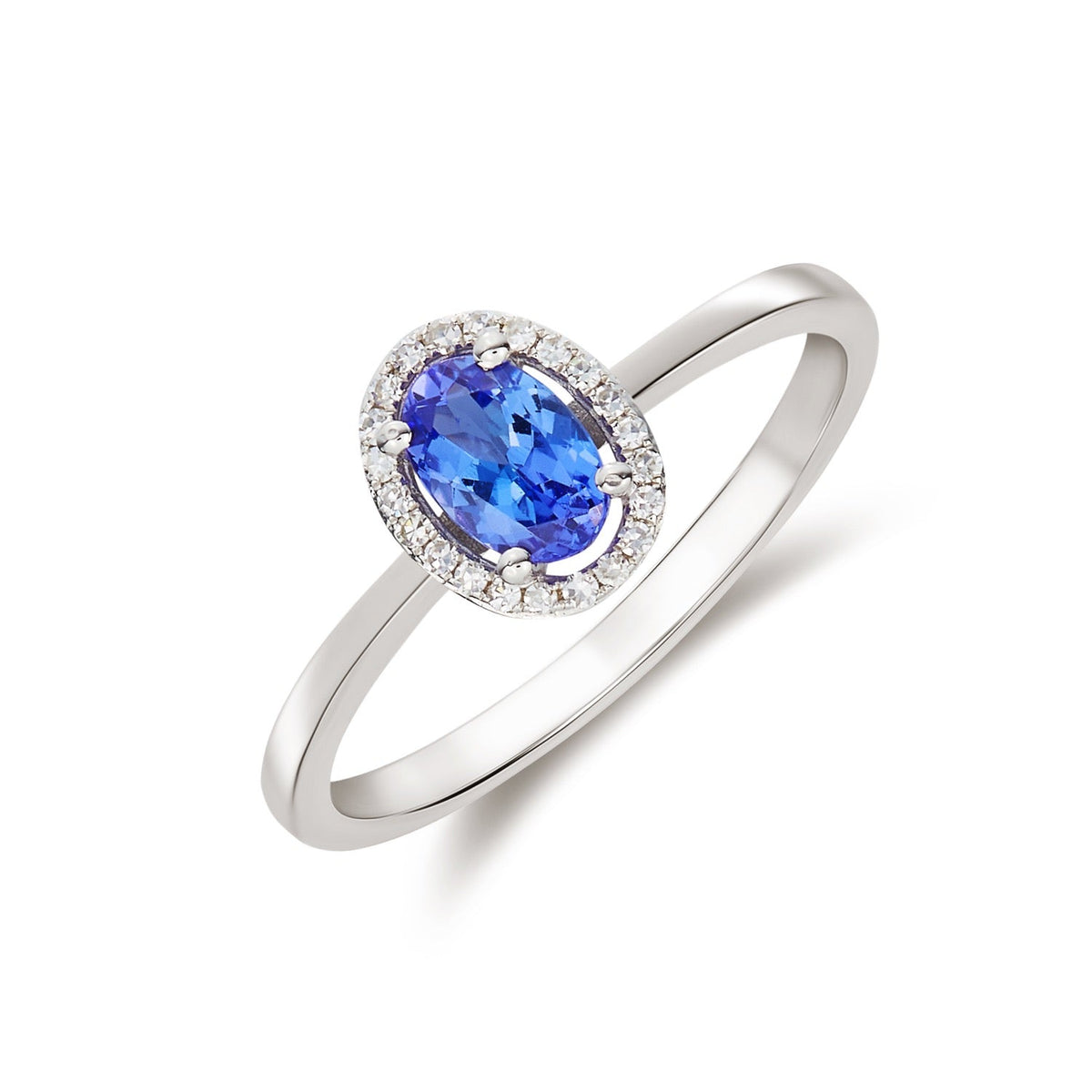 9ct White Gold Oval Natural Tanzanite & Natural Diamond Halo Cluster Ring — 6×4mm