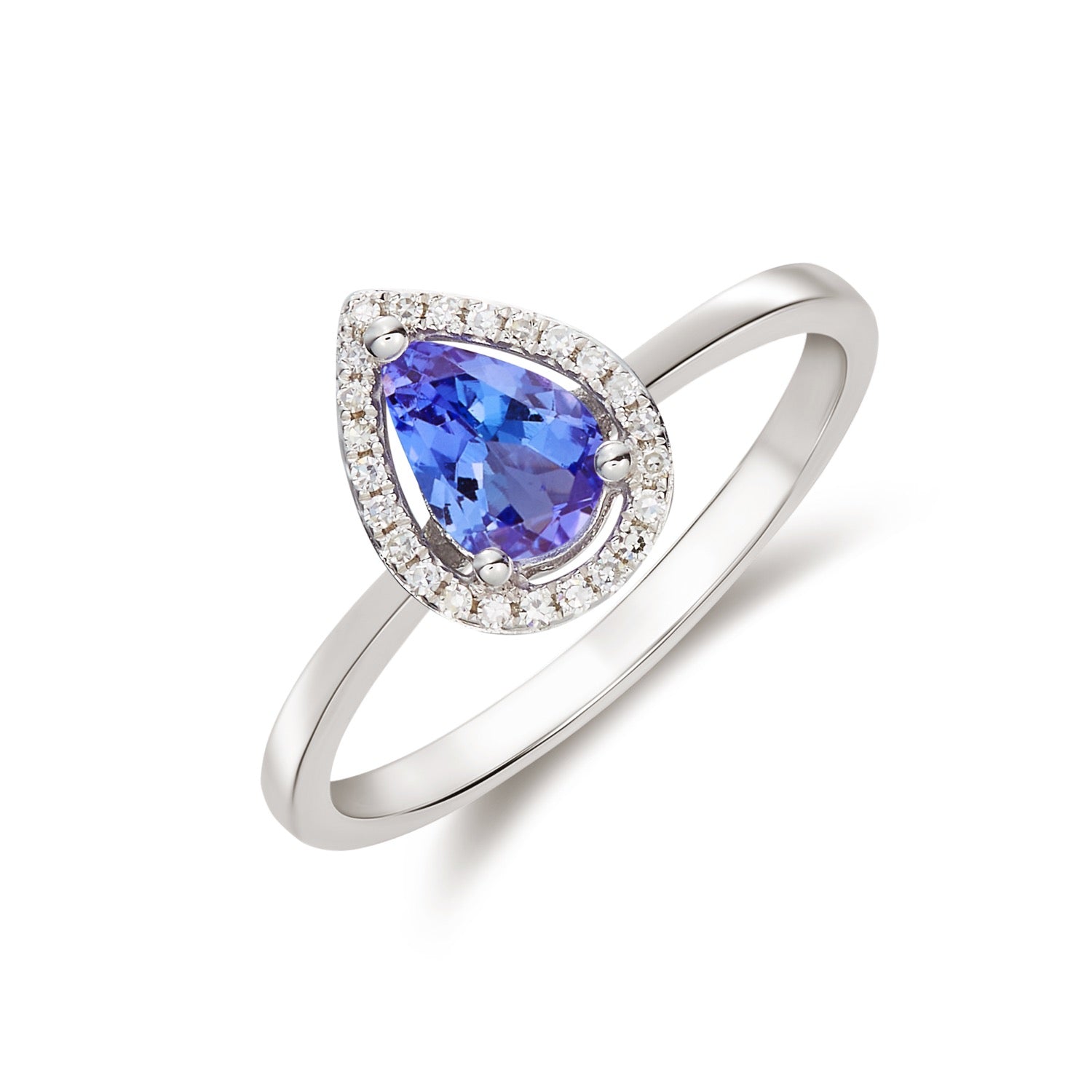 9ct White Gold Pear Shaped Natural Tanzanite and Diamond Halo Cluster Ring — 7x5mm