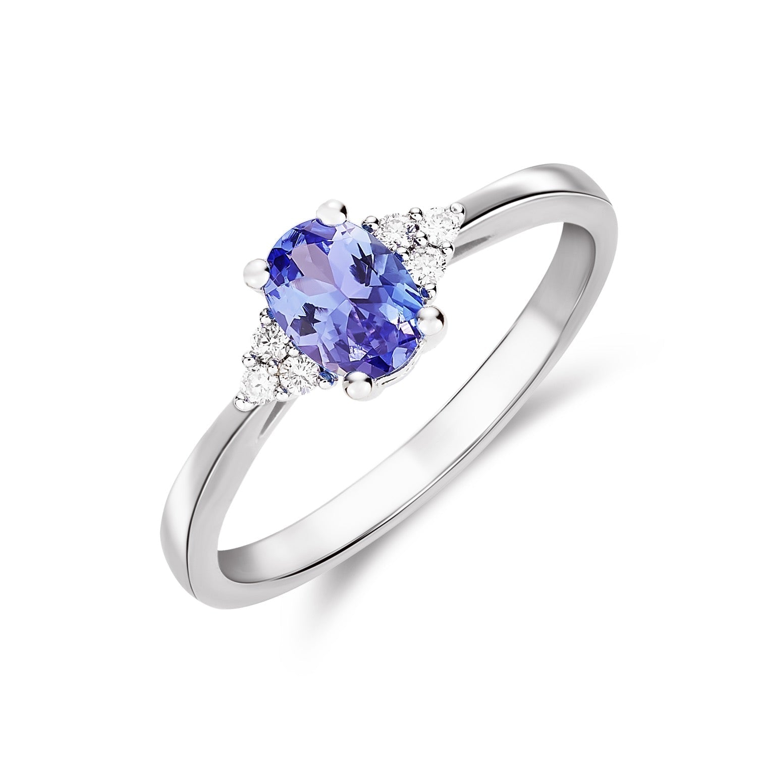 9ct White Gold Oval Tanzanite and Diamond Trefoil Ring — 7x5mm