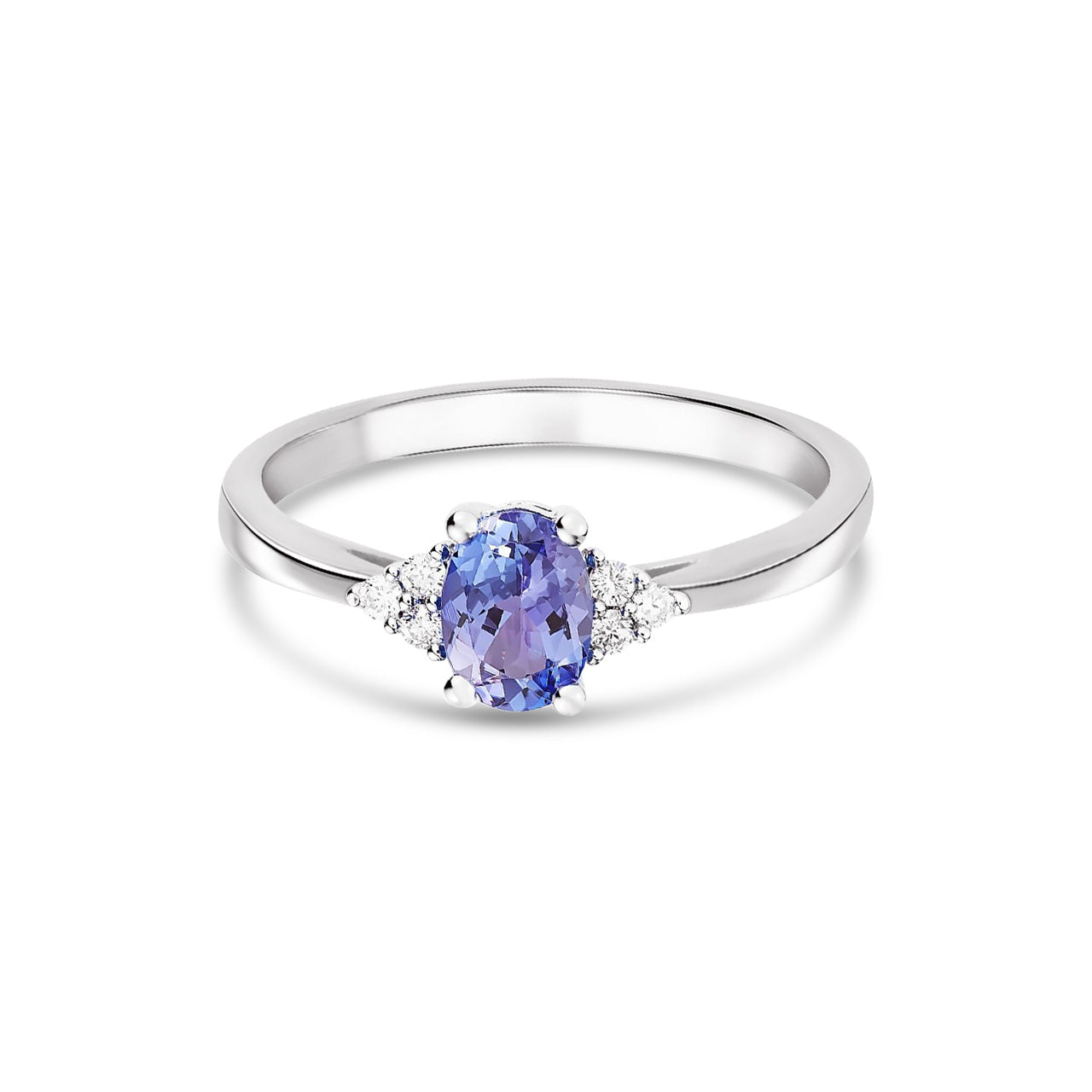 9ct White Gold Oval Natural Tanzanite and Diamond Trefoil Ring — 7x5mm