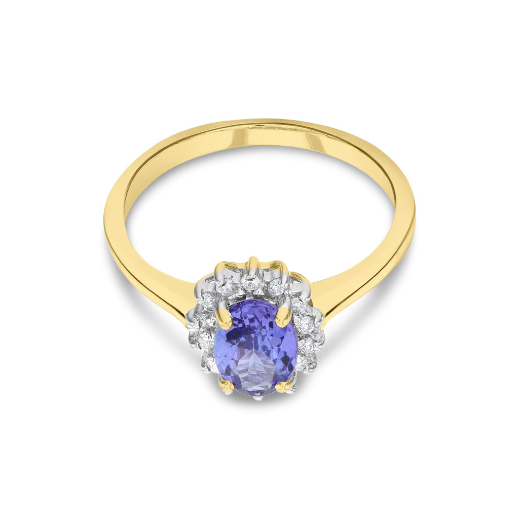 9ct Yellow Gold Oval Natural Tanzanite and Diamond Claw Set Cluster Ring — 7x5mm