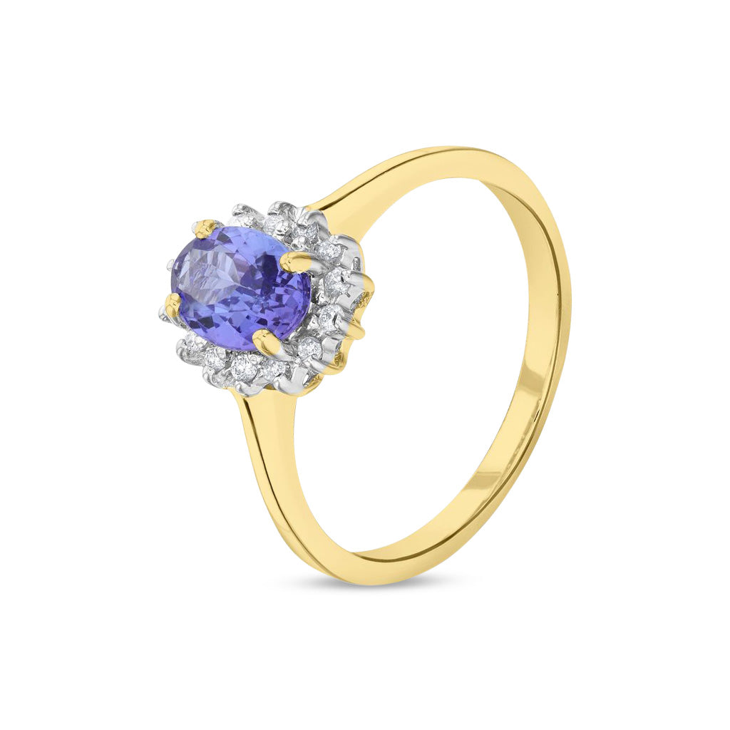 9ct Yellow Gold Oval Natural Tanzanite and Diamond Claw Set Cluster Ring — 7x5mm