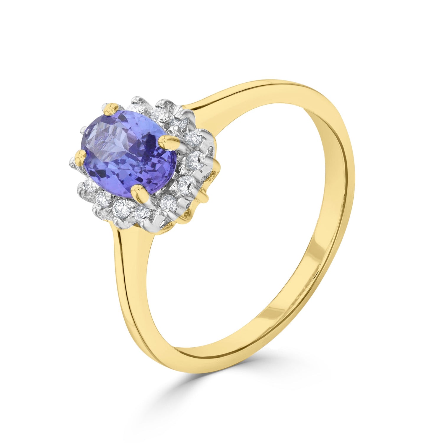 9ct Yellow Gold Oval Tanzanite & Diamond Claw Set Cluster Ring — 7x5mm