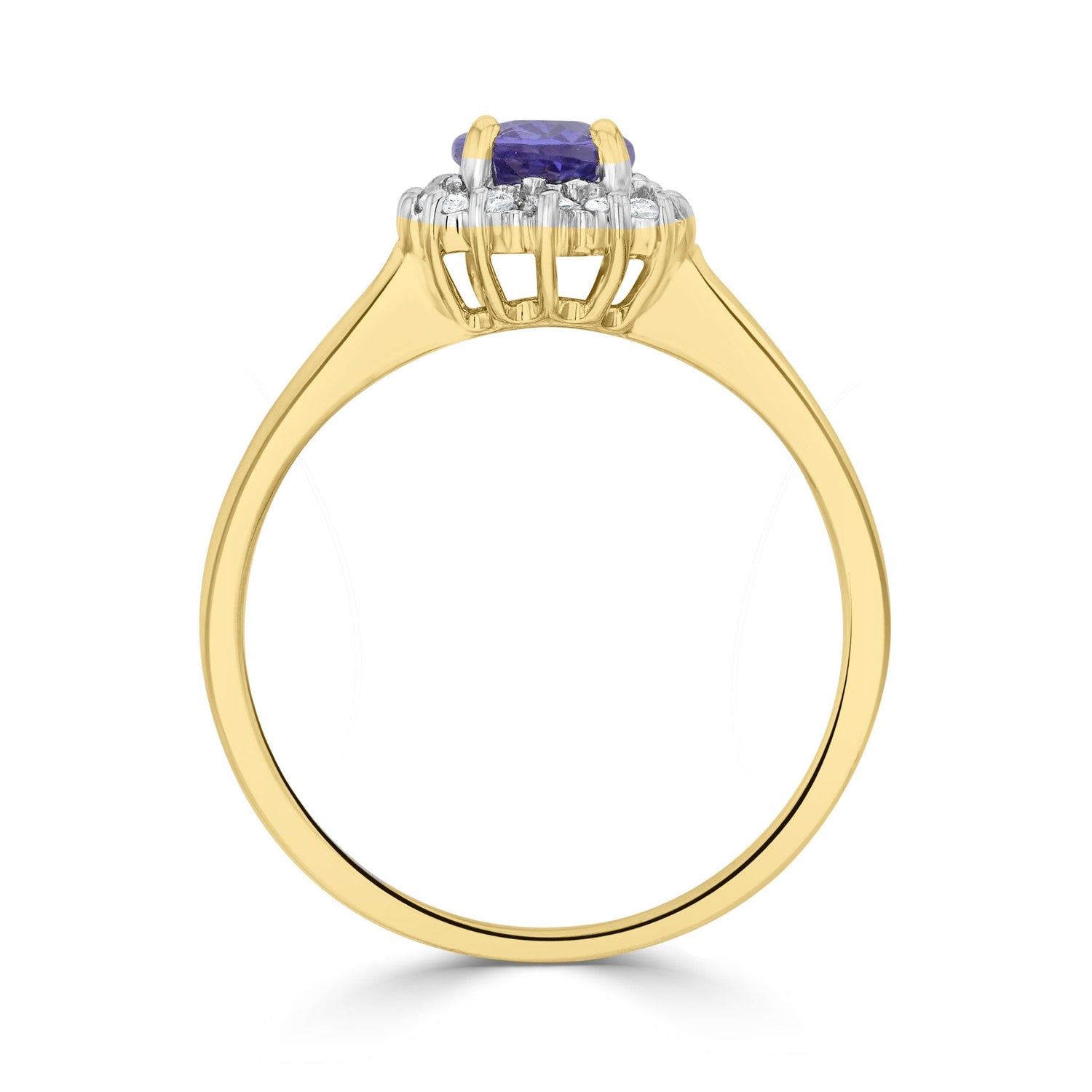 9ct Yellow Gold Oval Tanzanite & Diamond Claw Set Cluster Ring — 7x5mm