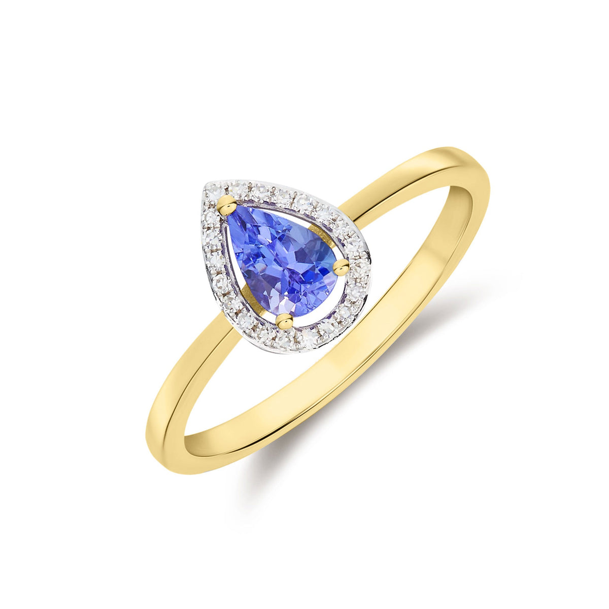 9ct Yellow Gold Pear Shaped Natural Tanzanite & Natural Diamond Halo Cluster Ring — 6×4mm