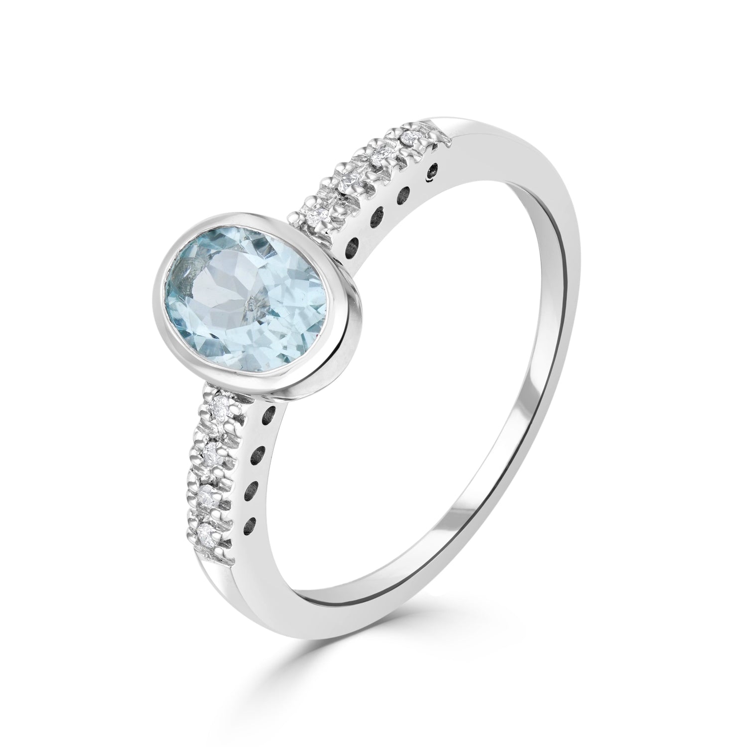 9ct White Gold Oval Natural Aquamarine and Diamond Ring — 7x5mm