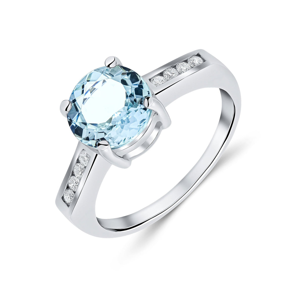 9ct White Gold Round Natural Aquamarine Claw Set Ring with Channel Set Diamond Shoulders — 8mm
