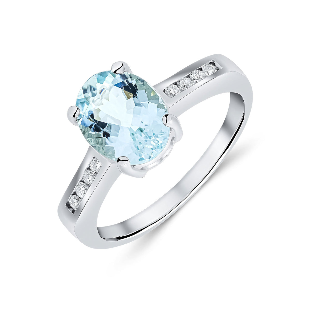 9ct White Gold Oval Natural Aquamarine Claw Set Ring with Channel Set Diamond Shoulders — 9x7mm