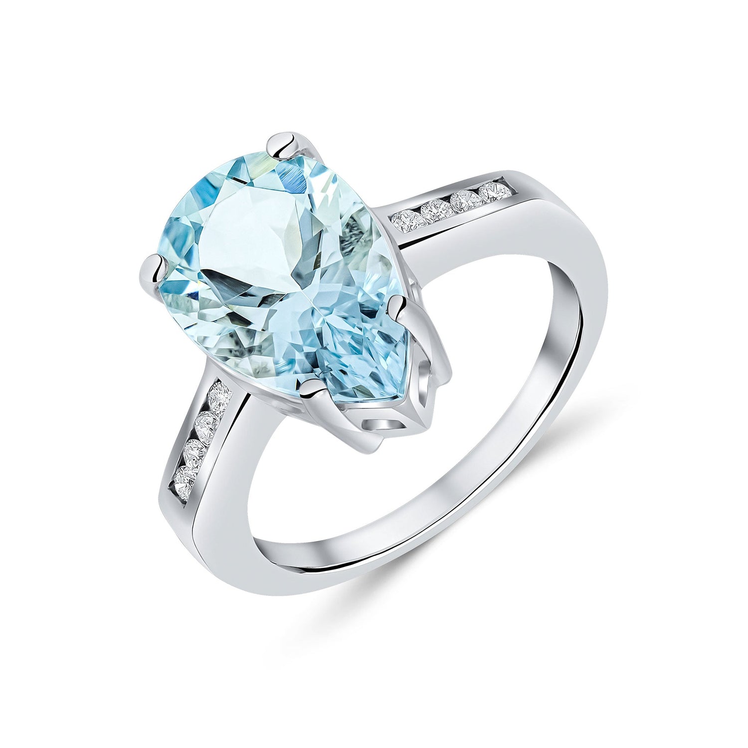 9ct White Gold Pear Shaped Natural Aquamarine and Diamond Ring — 14x9mm