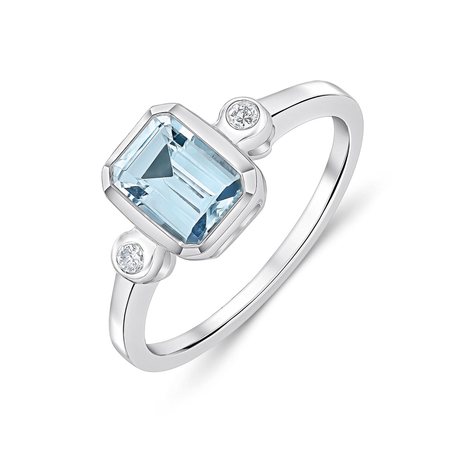 9ct White Gold Octagonal Emerald Cut Natural Aquamarine and Diamond Three Stone Ring