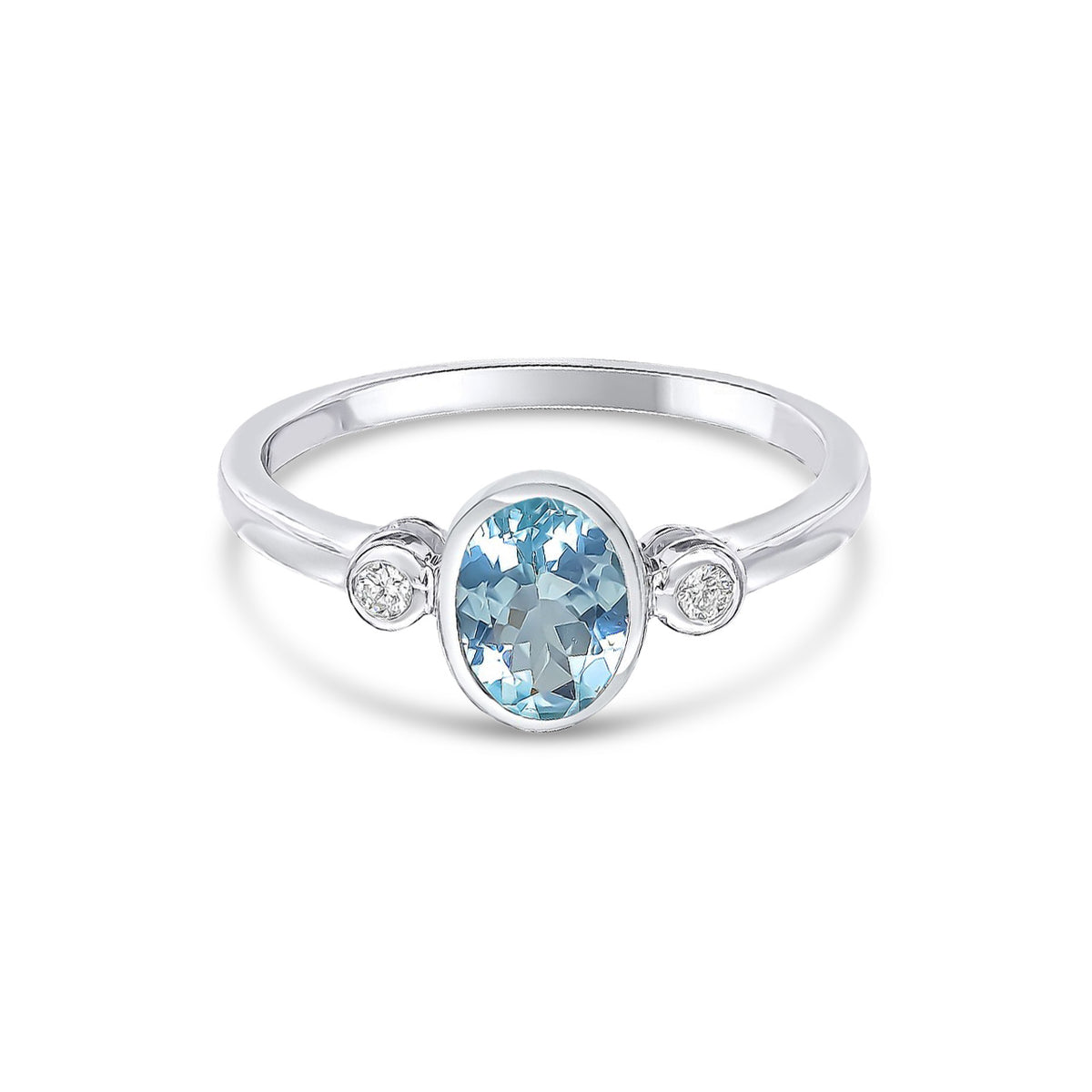 9ct White Gold Oval Natural Aquamarine and Diamond Three Stone Rubover Ring — 7x5mm
