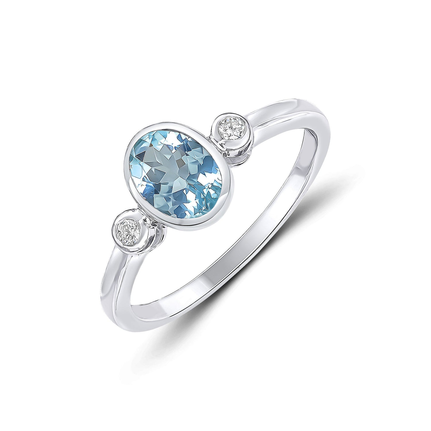 9ct White Gold Oval Aquamarine and Diamond Three Stone Rubover Ring — 7x5mm