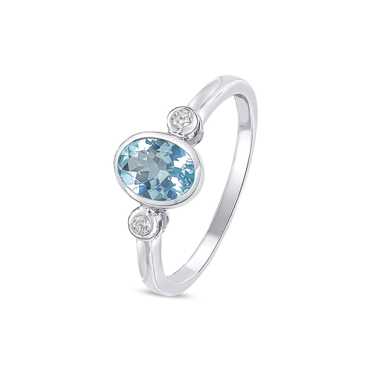 9ct White Gold Oval Natural Aquamarine and Diamond Three Stone Rubover Ring — 7x5mm