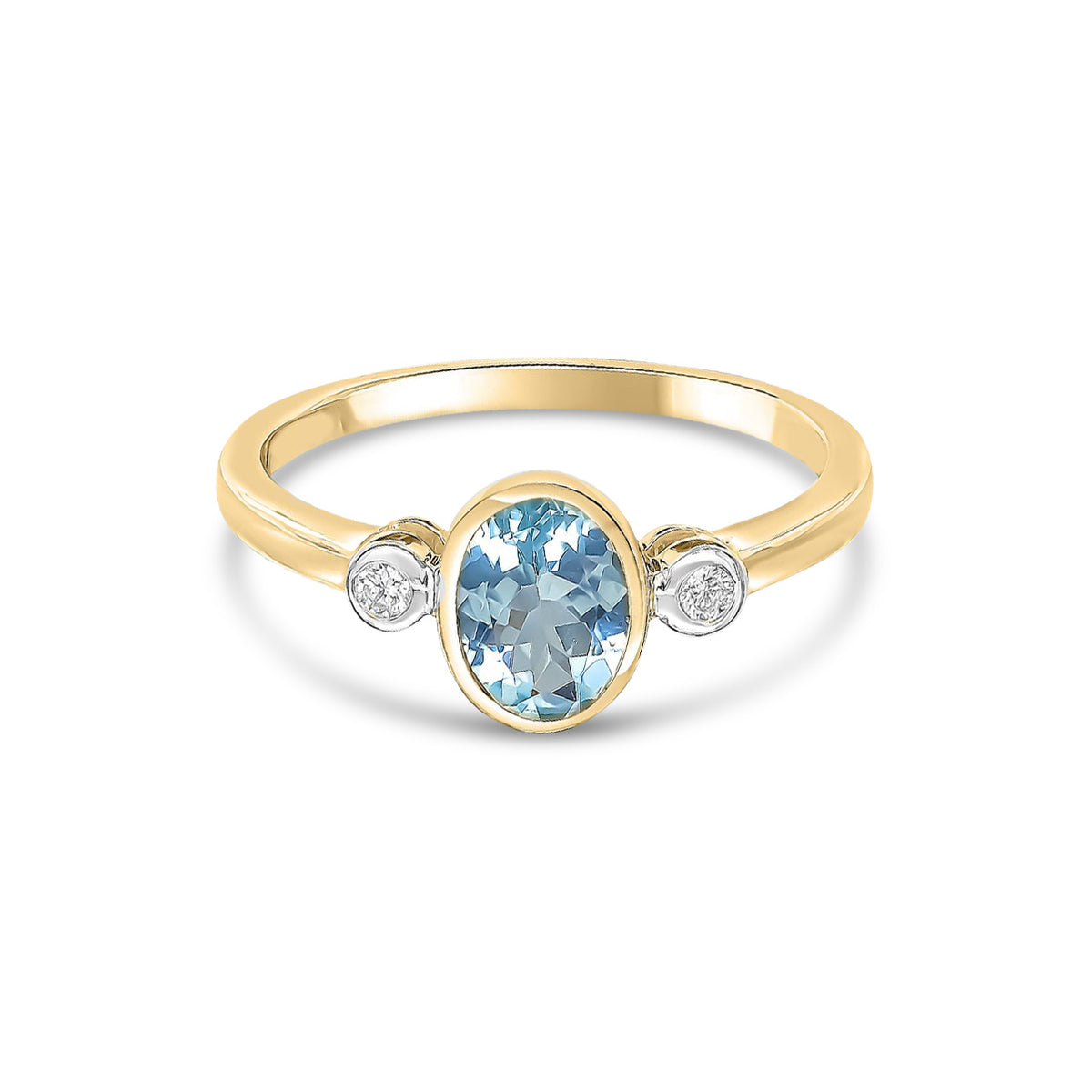 9ct Yellow Gold Oval Natural Aquamarine and Diamond Three Stone Rubover Ring