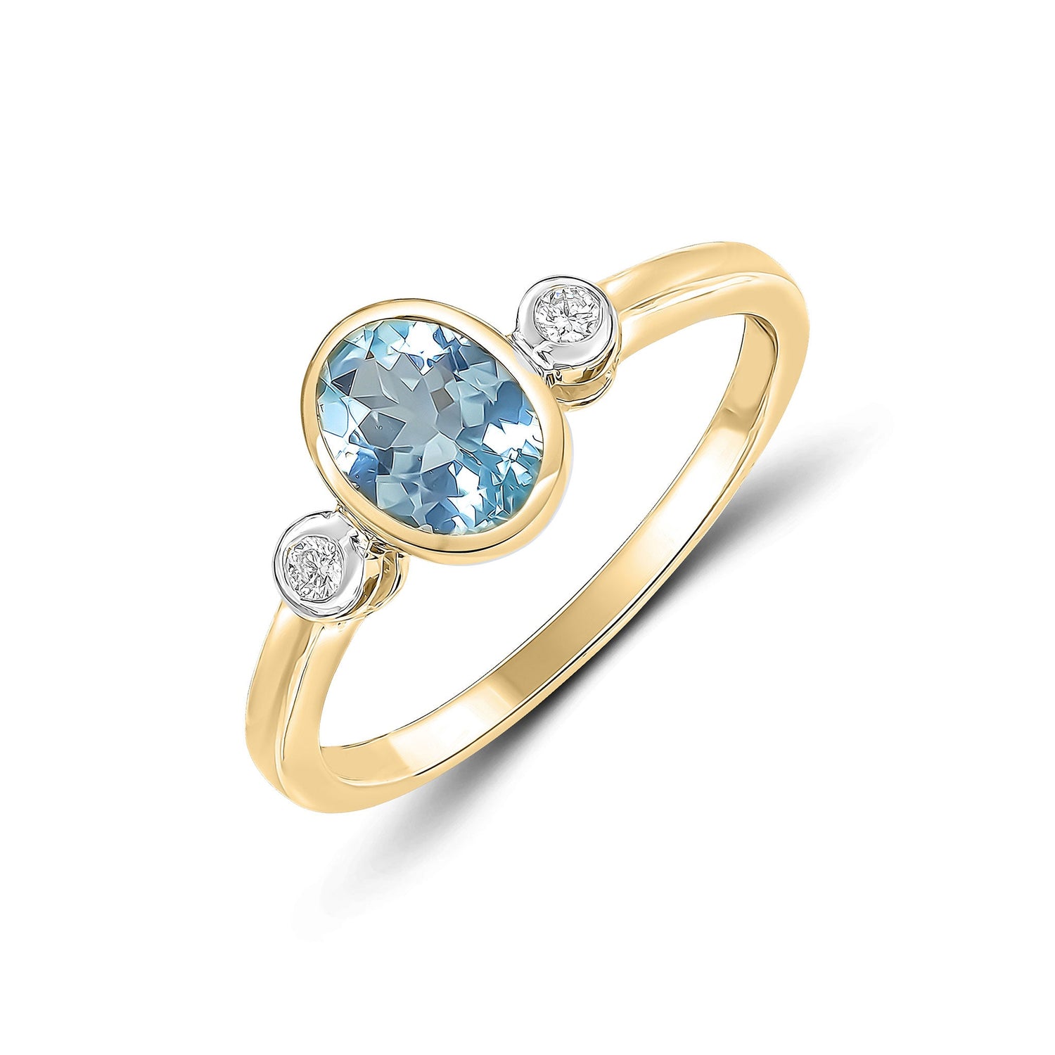 9ct Yellow Gold Oval Natural Aquamarine and Diamond Three Stone Rubover Ring