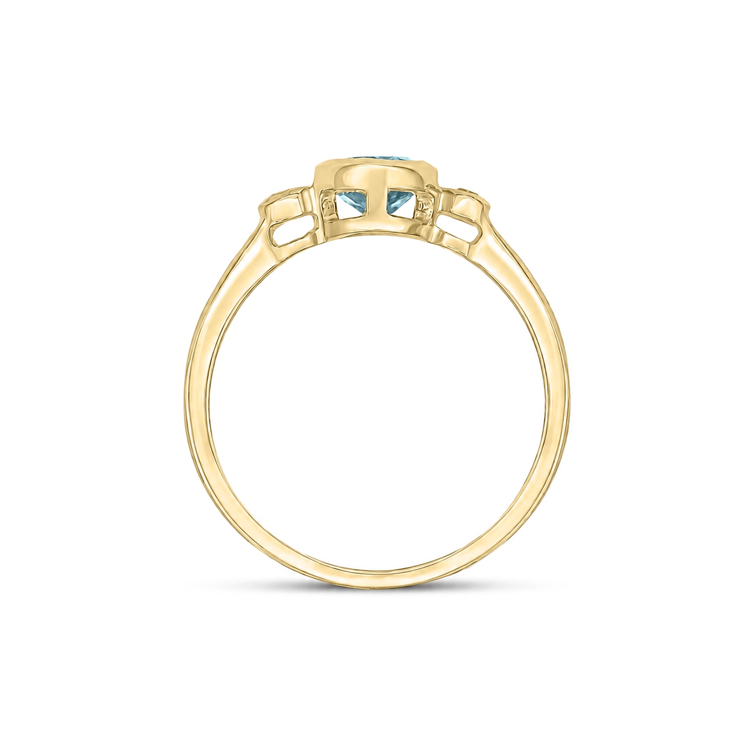 9ct Yellow Gold Oval Natural Aquamarine and Diamond Three Stone Rubover Ring