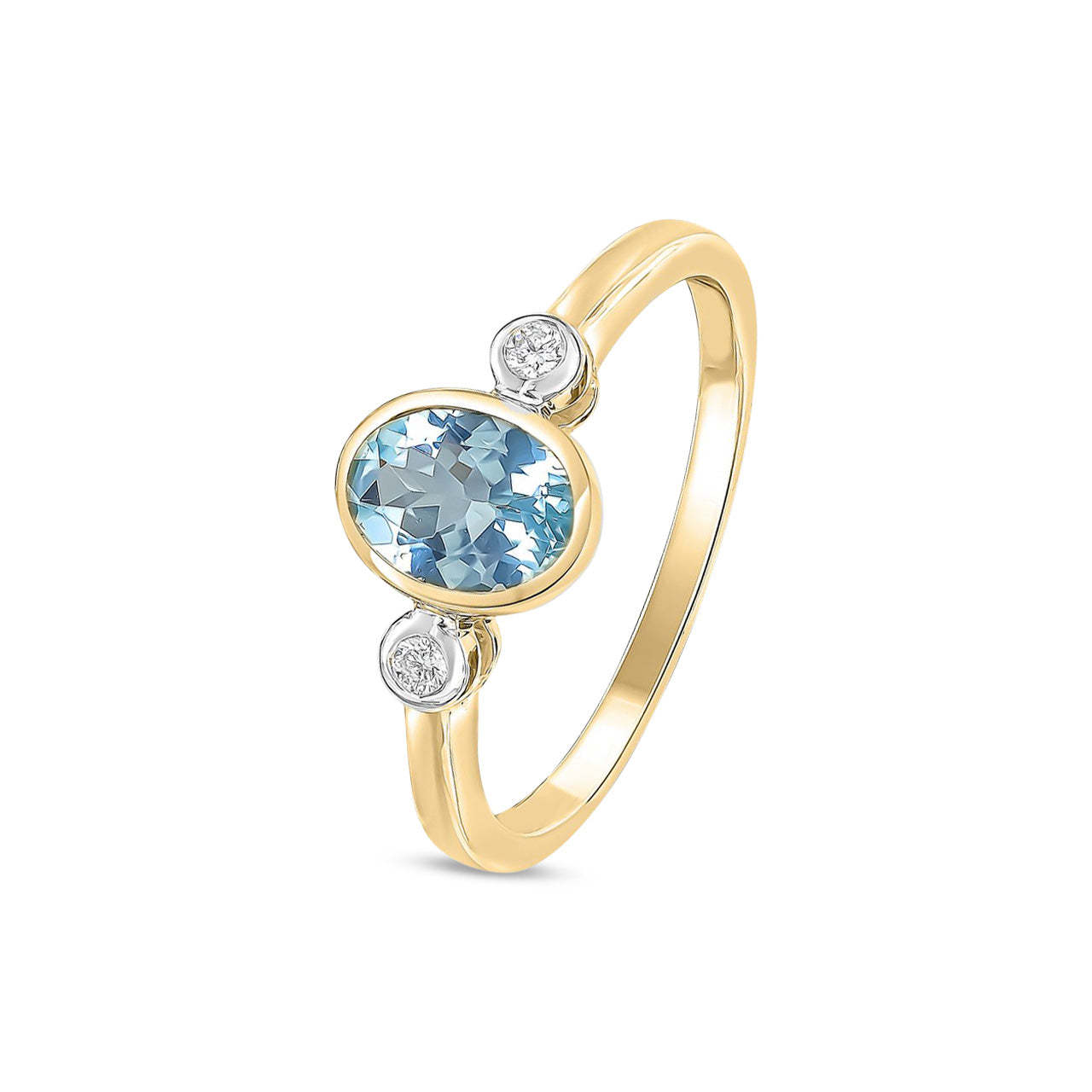 9ct Yellow Gold Oval Natural Aquamarine and Diamond Three Stone Rubover Ring