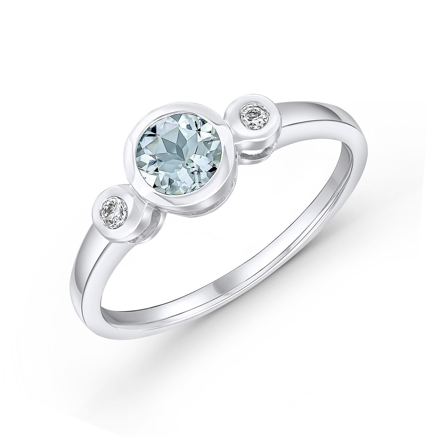 9ct White Gold Round Natural Aquamarine and Diamond Three Stone Ring — 5mm