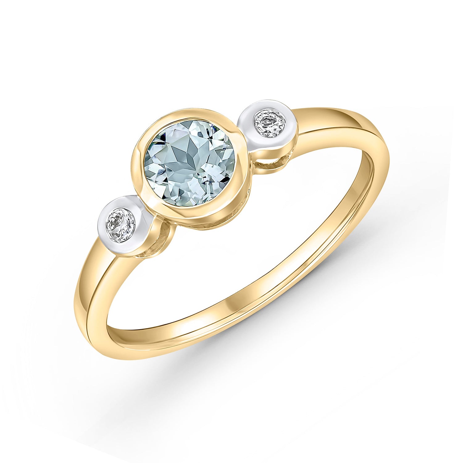 9ct Yellow Gold Round Natural Aquamarine and Diamond Three Stone Ring — 5mm