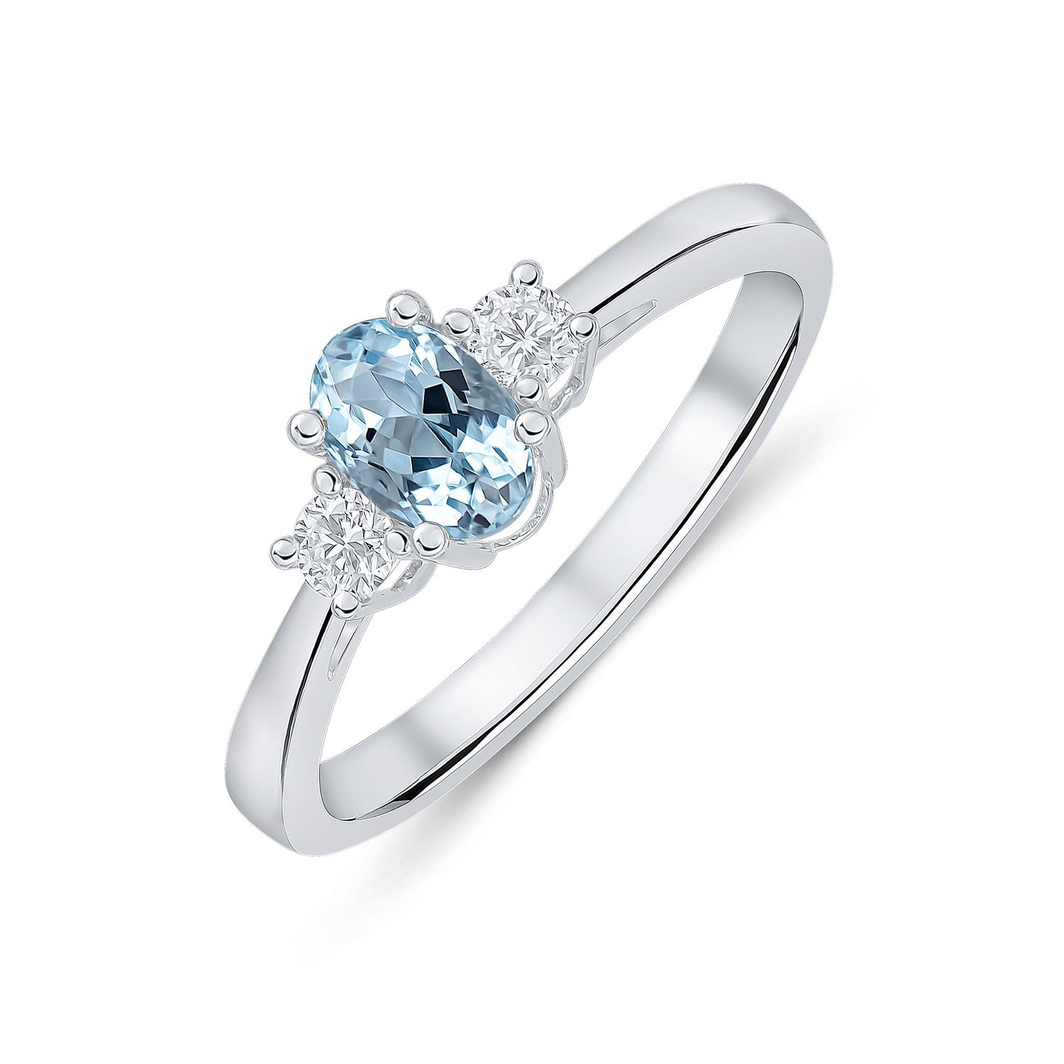 9ct White Gold Oval Aquamarine and Round Diamond Claw Three Stone Ring — 6x4mm