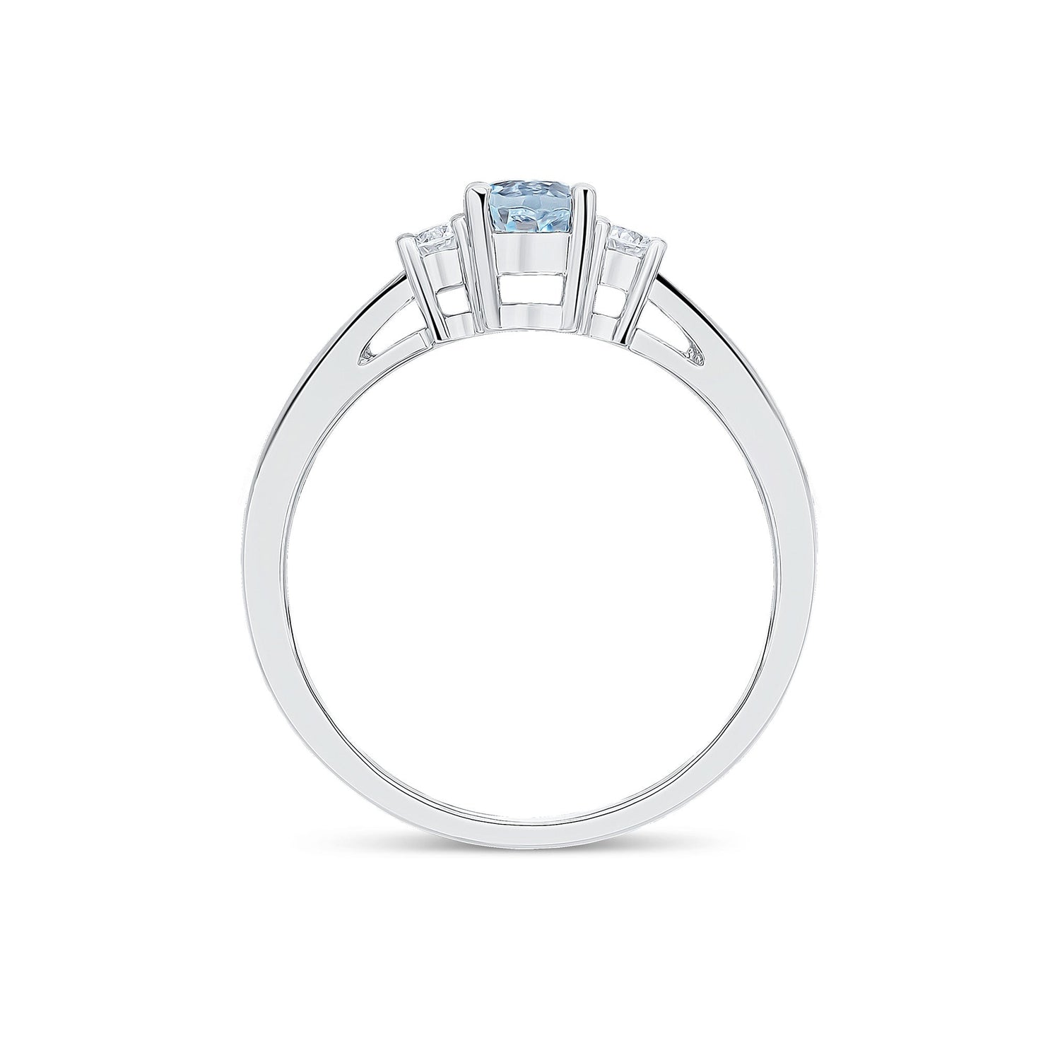 9ct White Gold Oval Aquamarine and Round Diamond Claw Three Stone Ring — 6x4mm