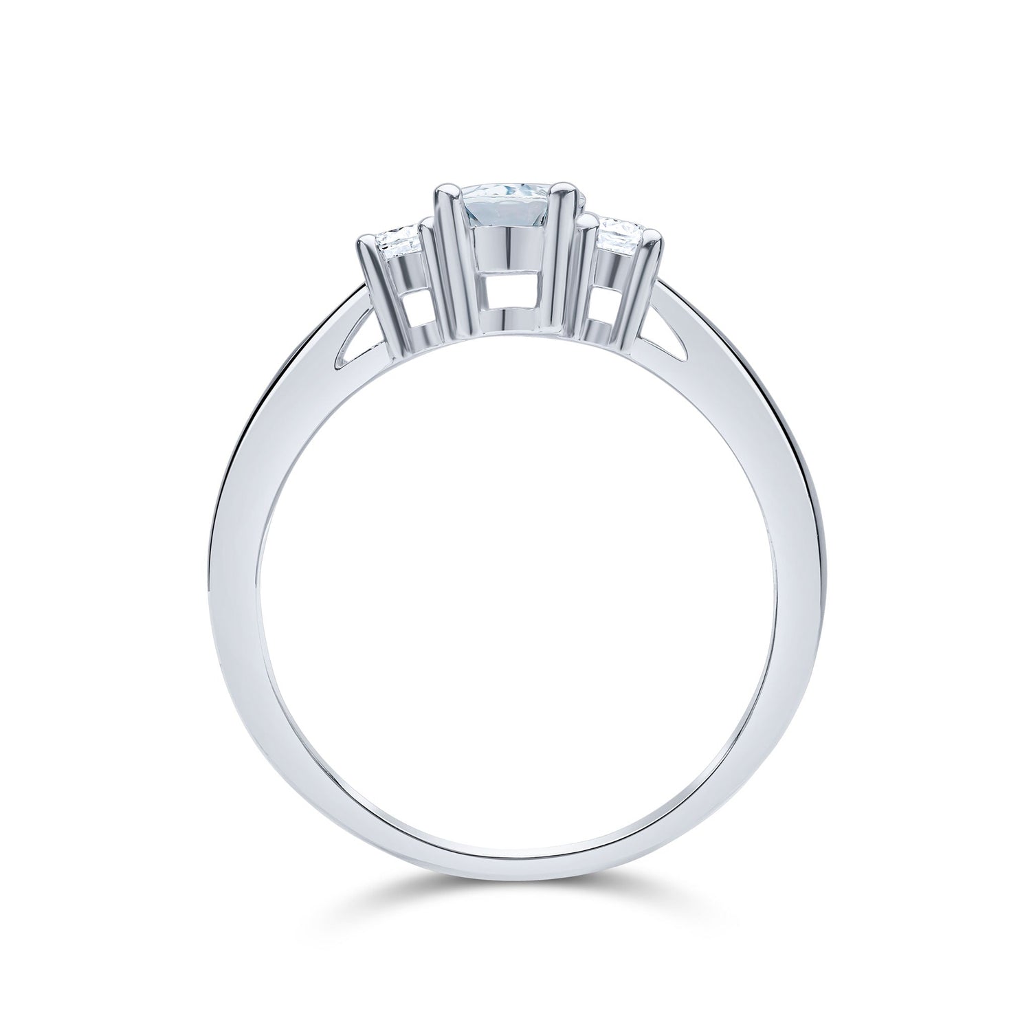 9ct White Gold Oval Aquamarine and Round Diamond Claw Set Three Stone Ring — 7x5mm
