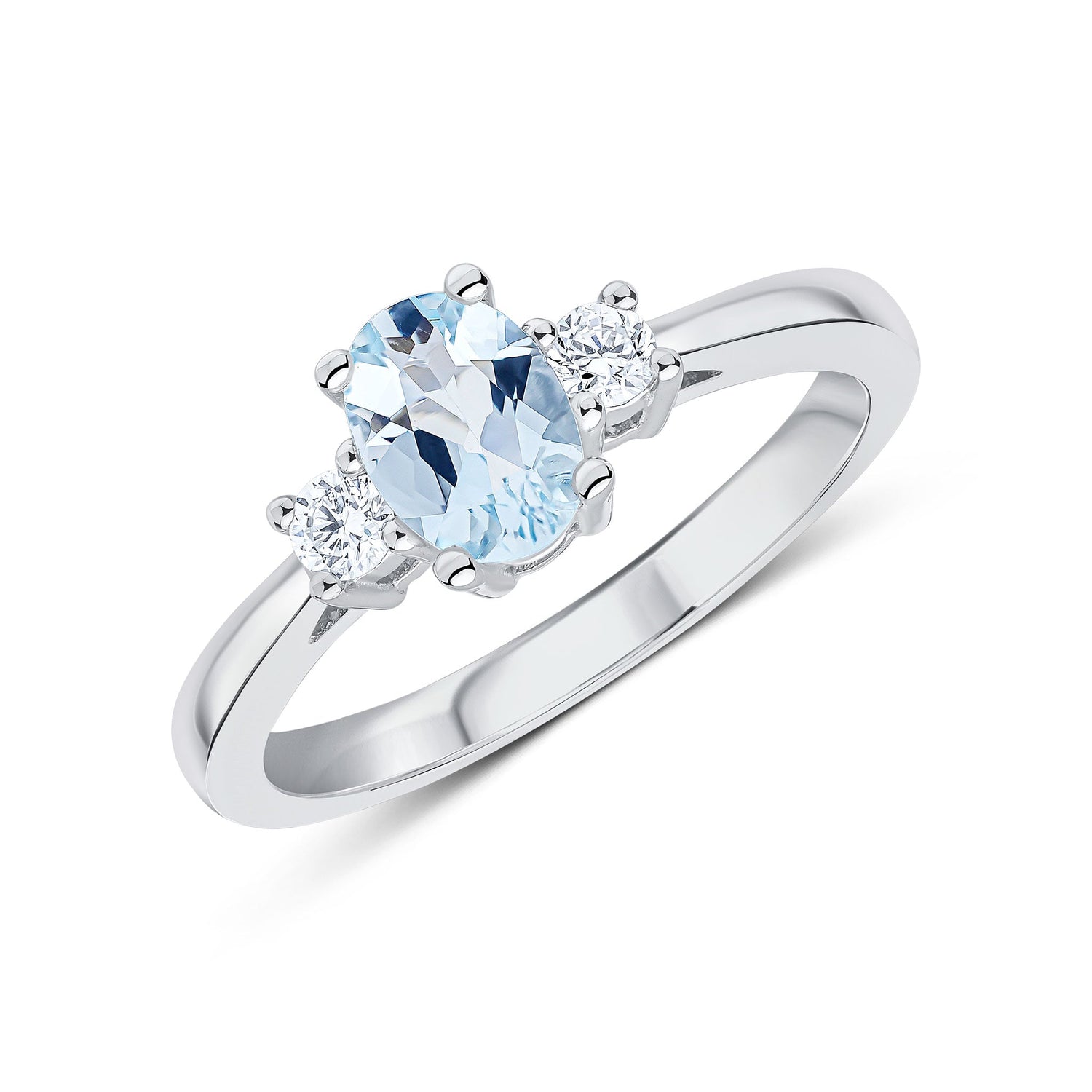 9ct White Gold Oval Aquamarine and Round Diamond Claw Set Three Stone Ring — 7x5mm