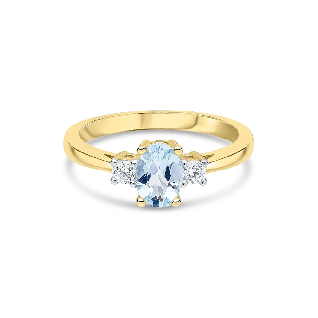 9ct Yellow Gold Oval Natural Aquamarine and Round Diamond Claw Set Three Stone Ring — 7x5mm
