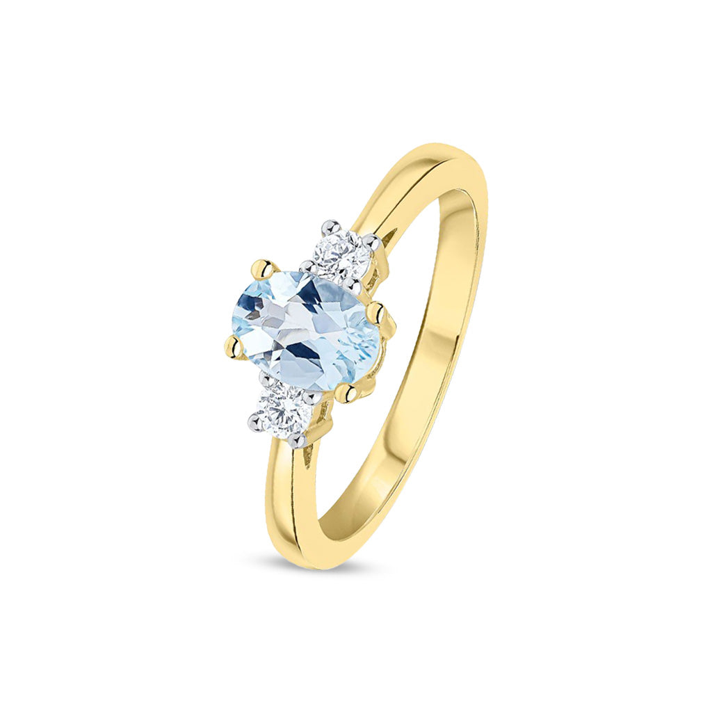 9ct Yellow Gold Oval Natural Aquamarine and Round Diamond Claw Set Three Stone Ring — 7x5mm
