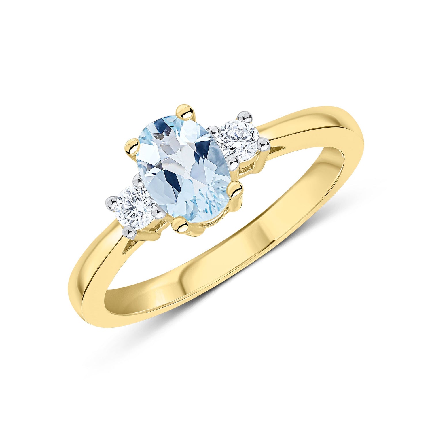 9ct Yellow Gold Oval Aquamarine & Round Diamond Claw Set Three Stone Ring — 7x5mm