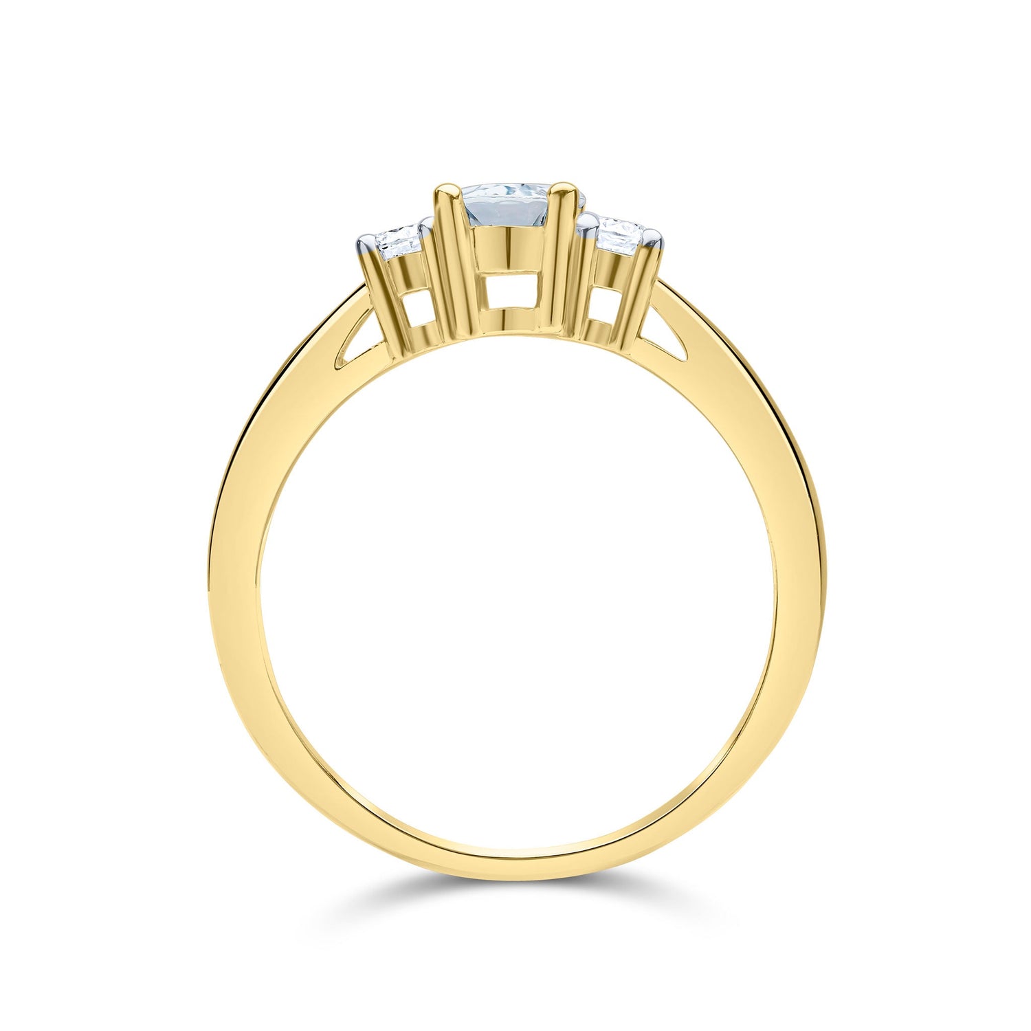9ct Yellow Gold Oval Aquamarine & Round Diamond Claw Set Three Stone Ring — 7x5mm
