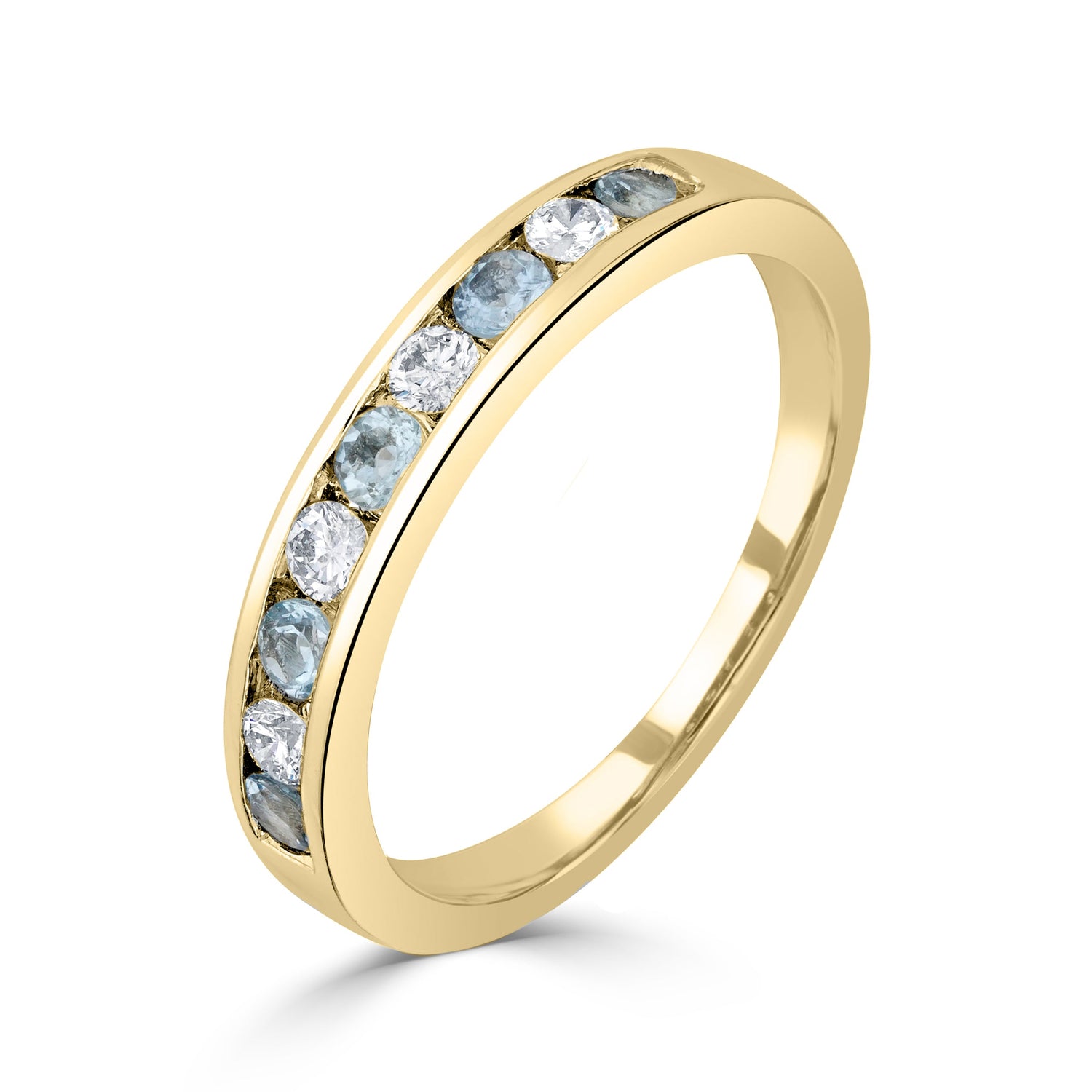 9ct Yellow Gold Round Natural Aquamarine and Diamond Half Eternity Ring
