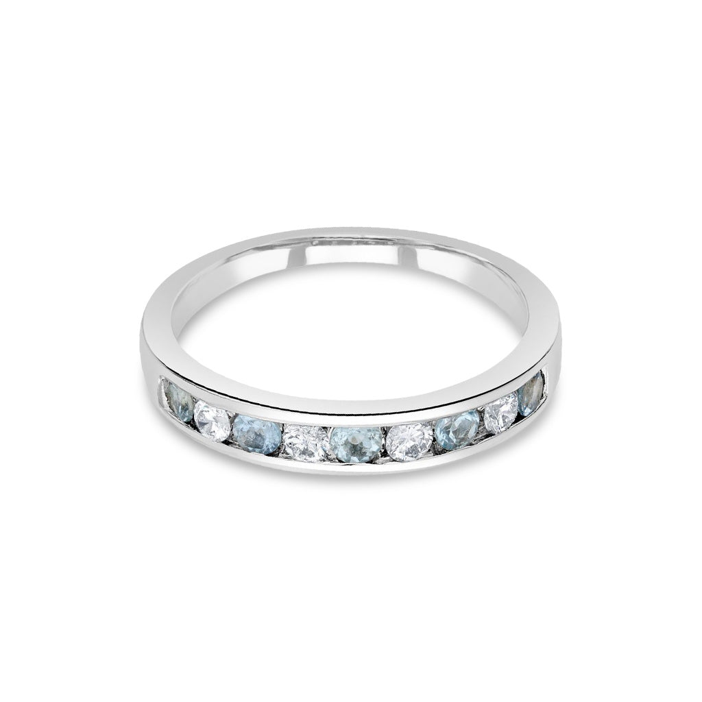 9ct White Gold Round Natural Aquamarine and Diamond Nine Stone Half Eternity Ring