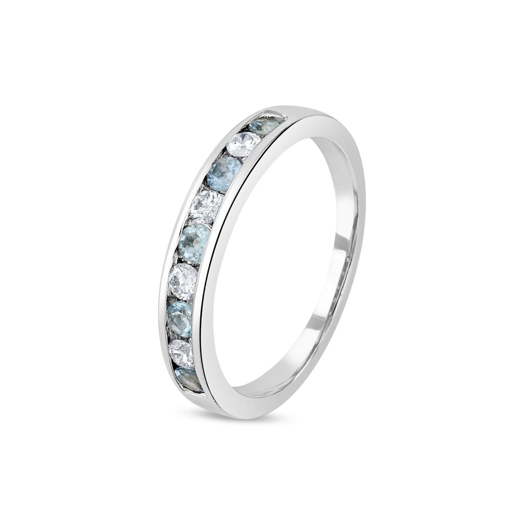 9ct White Gold Round Natural Aquamarine and Diamond Nine Stone Half Eternity Ring