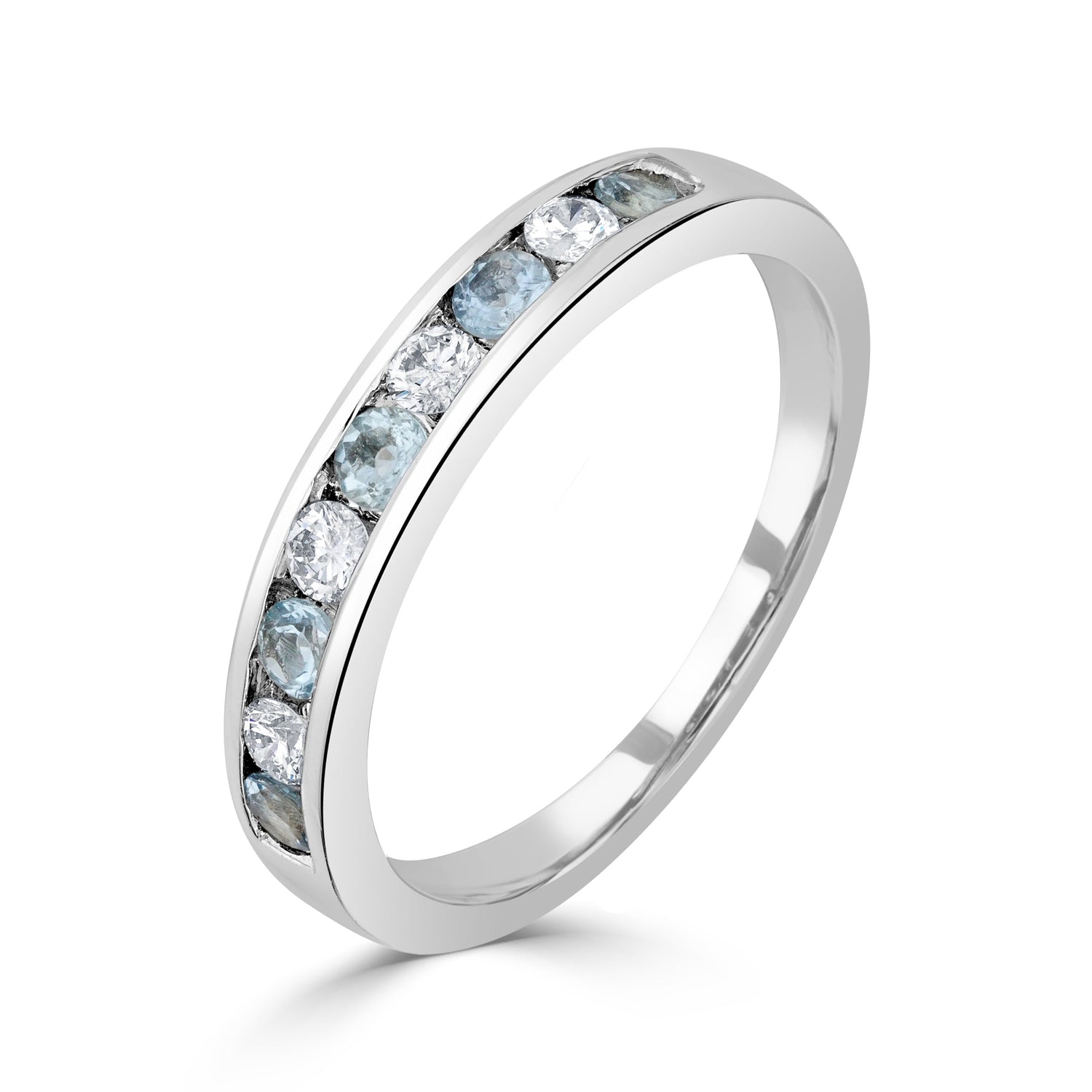 9ct White Gold Round Aquamarine & Diamond Nine Stone Half Eternity Ring