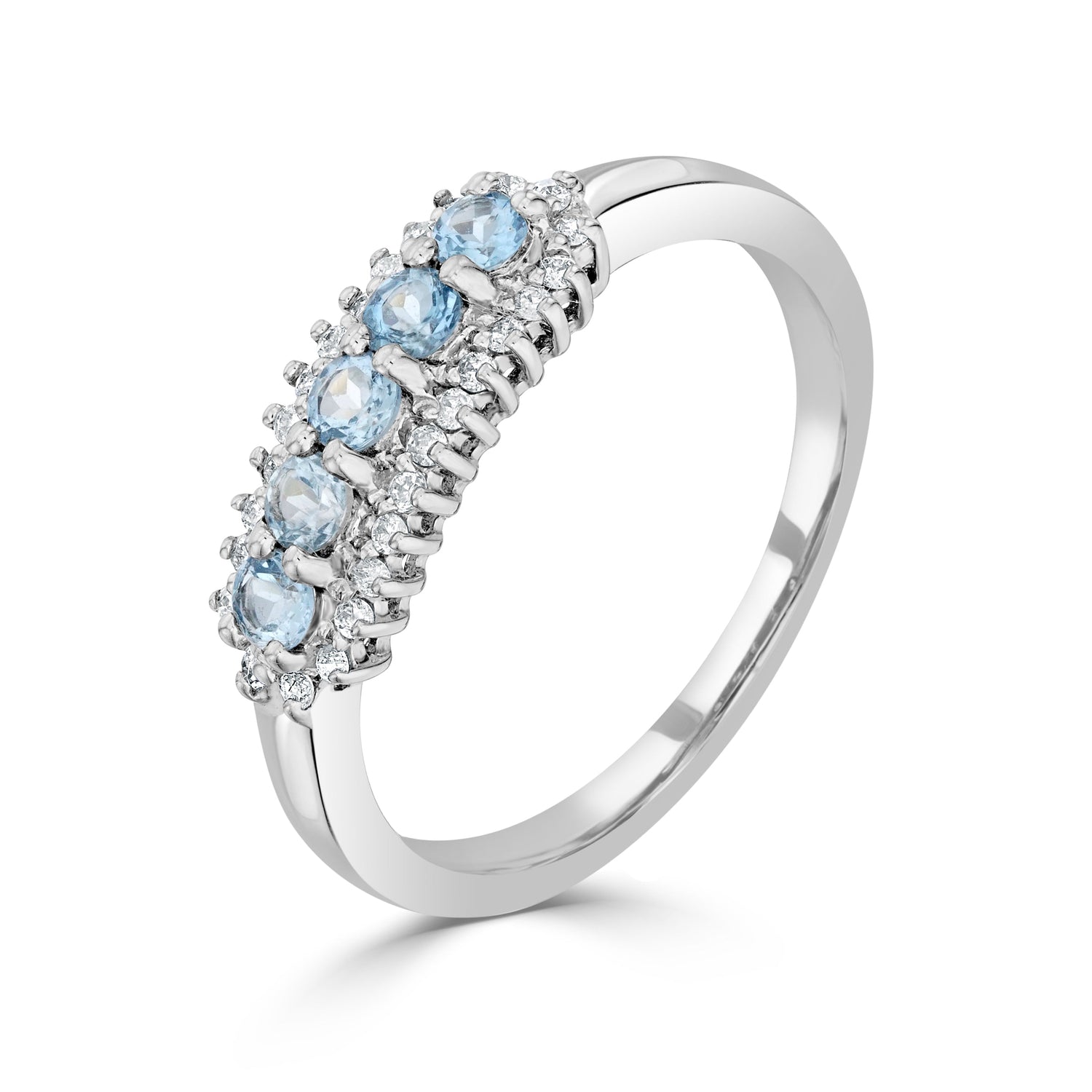 9ct White Gold Round Natural Aquamarine and Diamond Three Row Claw Set Band Ring