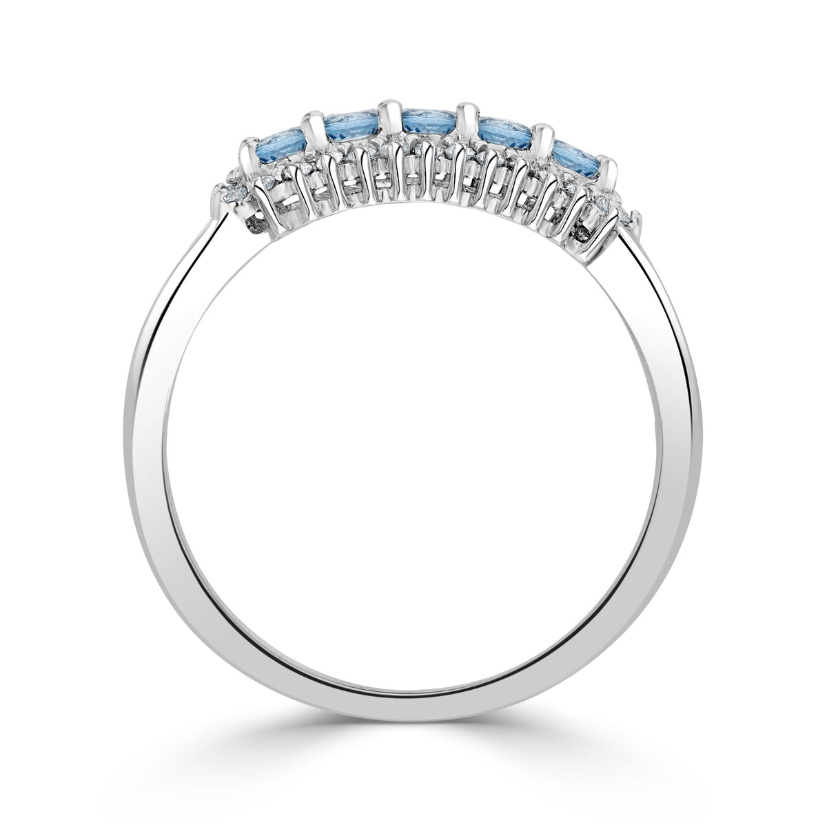 9ct White Gold Round Natural Aquamarine and Diamond Three Row Claw Set Band Ring
