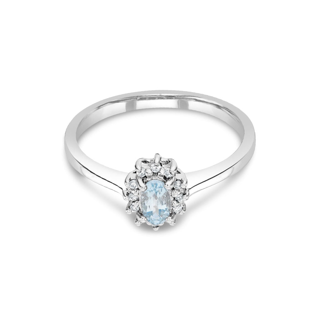 9ct White Gold Oval Natural Aquamarine and Diamond Claw Set Cluster Ring — 5x3mm