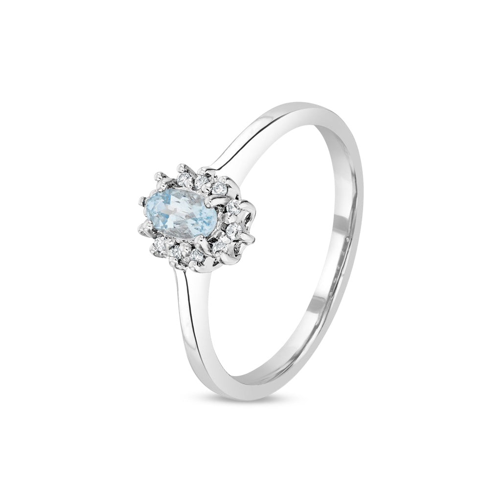 9ct White Gold Oval Natural Aquamarine and Diamond Claw Set Cluster Ring — 5x3mm
