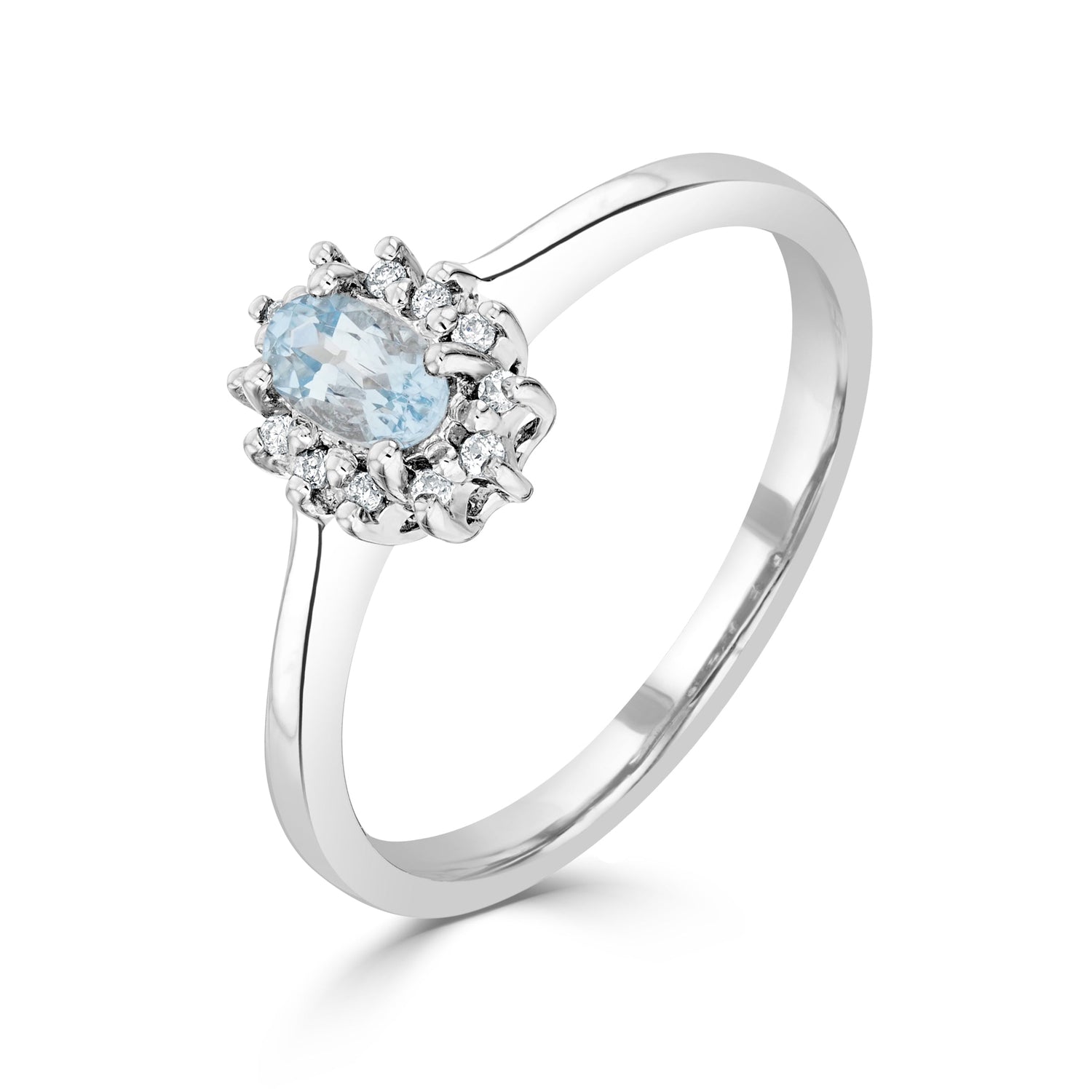 9ct White Gold Oval Natural Aquamarine and Diamond Claw Set Cluster Ring — 5x3mm