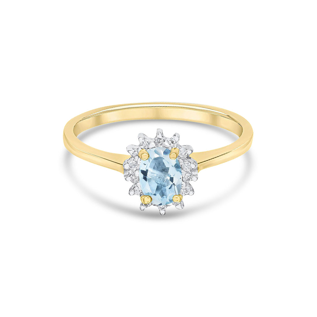 9ct Yellow Gold Oval Natural Aquamarine and Diamond Claw Set Cluster Ring — 6x4mm