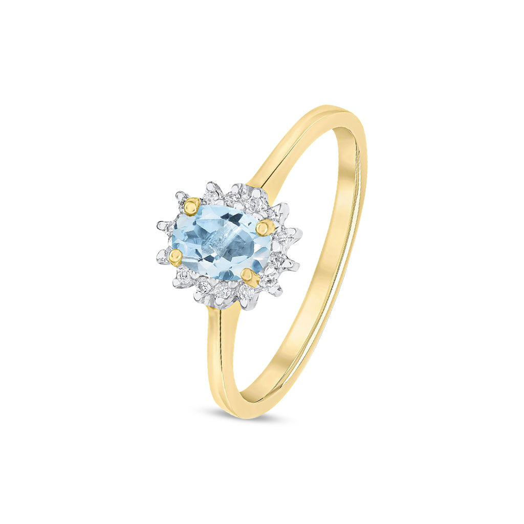 9ct Yellow Gold Oval Natural Aquamarine and Diamond Claw Set Cluster Ring — 6x4mm