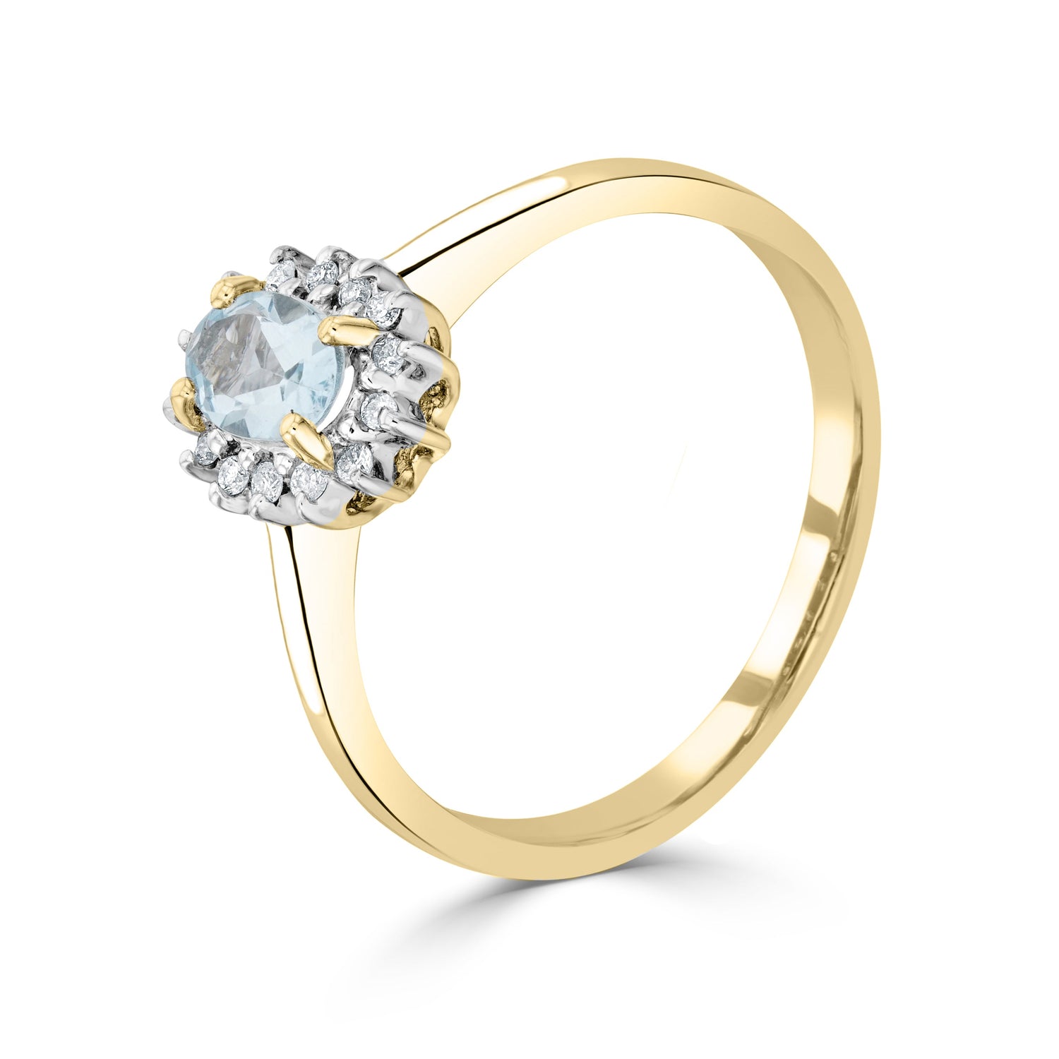 9ct Yellow Gold Oval Aquamarine & Diamond Claw Set Cluster Ring — 6x4mm