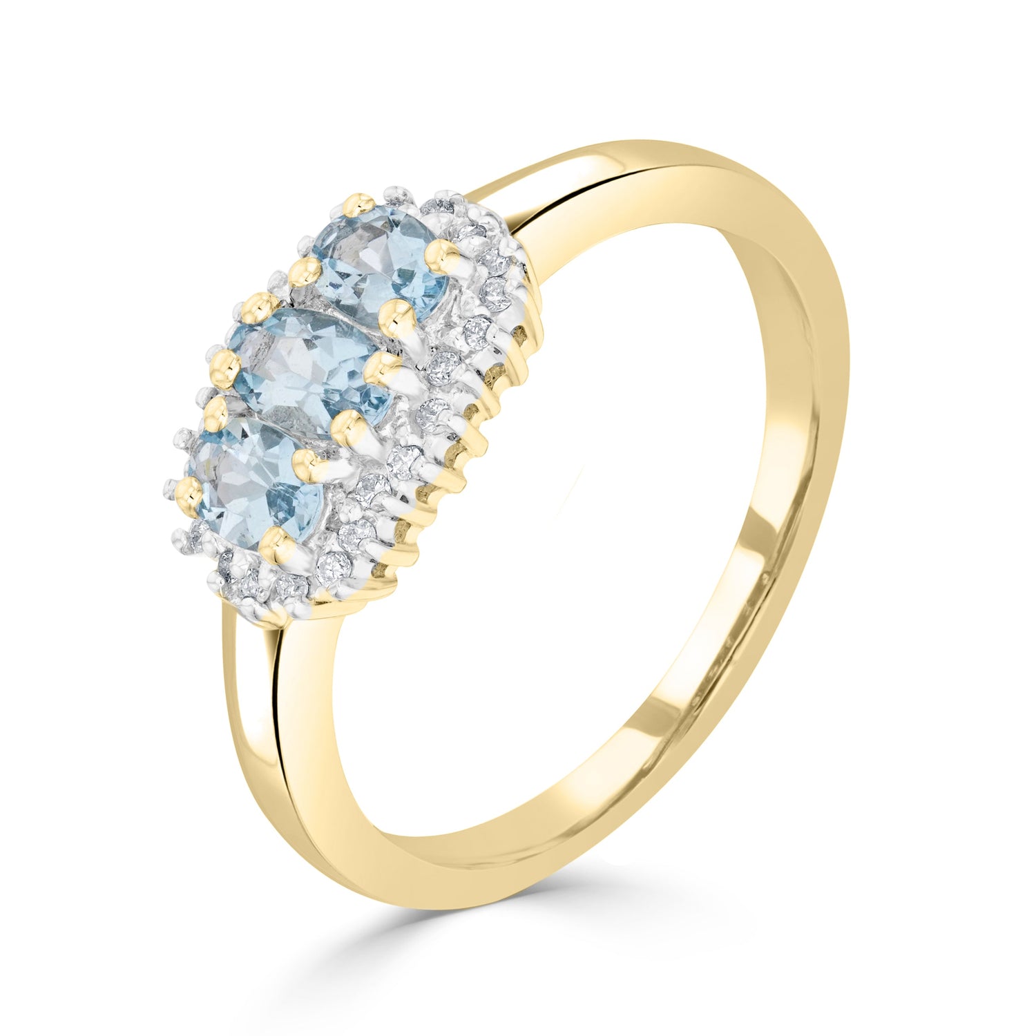 9ct Yellow Gold Oval Natural Aquamarine and Diamond Triple Cluster Ring — 5x3mm