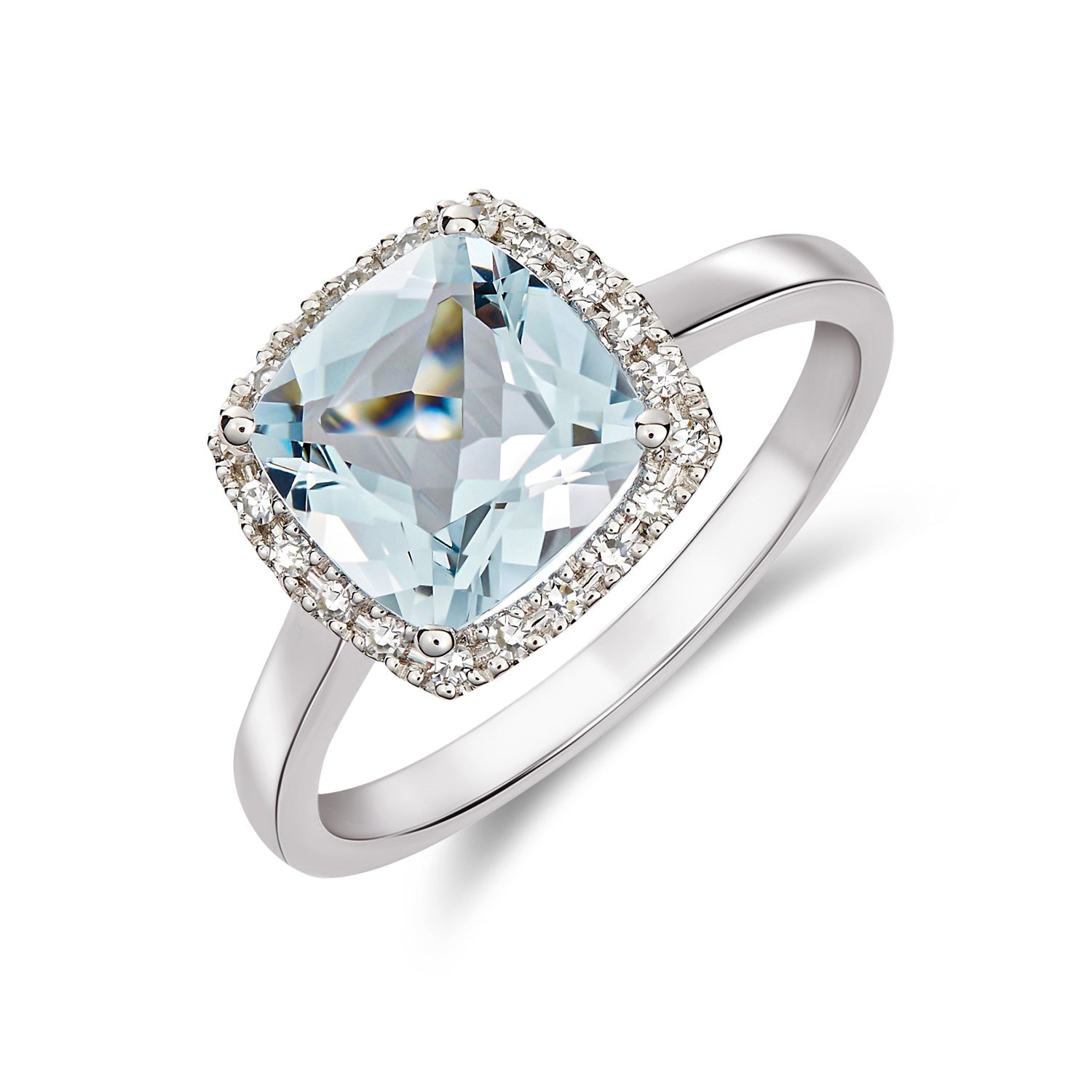 9CT White Gold Cushion Aquamarine and Diamond Cluster Ring — 8mm